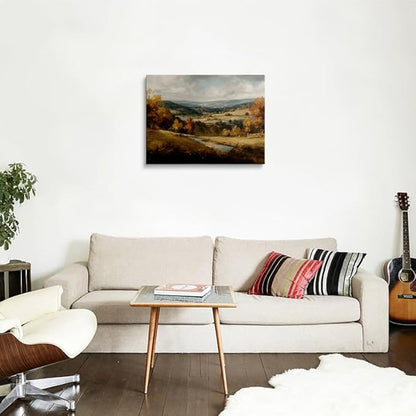 Calming Forest Mountain Landscape Canvas Wall Art Framed Oil Painting Autumn Stream Rolling Hills Moody Nature Wall Decor Artwork Print Poster Peaceful Scene for Living Room Bedroom 16x24 Inches