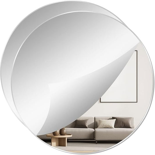 2Pcs 9.44" Round Wall Mirror Tile, Self Adhesive Non Glass Sticker, Acrylic Sheet Disc, High Clear Circle Decorative for Bathroom, Bedroom, Door