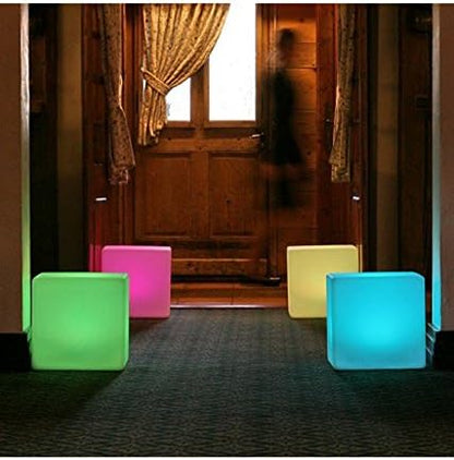 Mr.Go 14-Inch Color Changing LED Cube Light Stool, Glow Cube Seat for Kids, Modern LED Light Side Table, 16 RGB Colors Mood Lighting, Ideal for Home Garden Patio Bar Pool Party Decorative Lighting