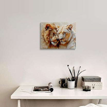 Impasto Lion Couple Canvas Wall Art Framed Oil Painting Lion and Lioness Resting Tenderly in Golden Cream Hues Thick Textured Brushstrokes Wildlife Wall Decor Artwork for Bedroom Living Room 12x16 Inches