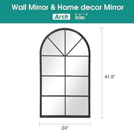 42"x 24" Arched Mirror, Window Wall Mirror, Vanity Mirrors, Metal Framed, Arched-Top Farmhouse Mirrors, Rustic Decorative Mirror (Black)