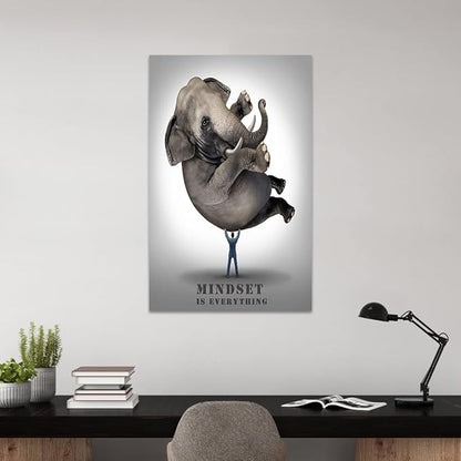 Abstract Large Office Canvas Artwork HD Print Painting Pictures Mindset is Everything Print Poster Elephant and Business Man Wall Art Gallery Wrapped Framed Home Classroom Study Room Decor-28 Wx44 H