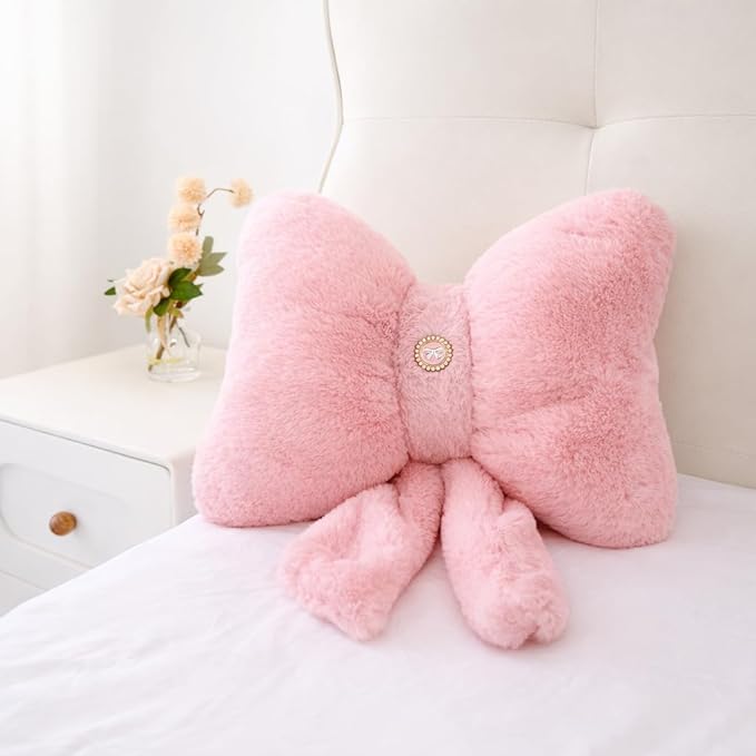 Pink Bow Pillow 16x12 Inch, Cute Plush Bow Shaped Decorative Accent Pillow, Coquette Room Decor for Teen Girls Bedroom Bed Sofa Chair