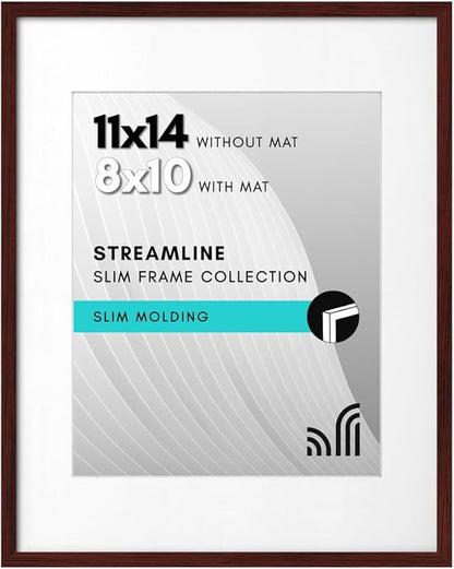 Americanflat 11x14 Picture Frame with Shatter-Resistant Glass - Use as 8x10 Frame with Mat or Display 11x14 Photo Without Mat - Streamline Collection - Thin Border Picture Frames for Wall - Mahogany