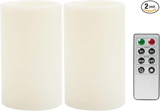 CANDLE CHOICE Outdoor Battery Operated Flameless Candles with Remote Timer Waterproof Flickering Plastic Electric LED Pillar Lights for Lantern Patio Garden Wedding Party Decorations D3”xH5” 2 PCS