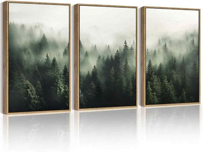 PHOPAGO Green Fog Pine Tree Framed Wall Art Large 16x24in Nature Misty Nordic Forests Artwork Morden Paints for Living Room Home Office Decor - Natural Framed