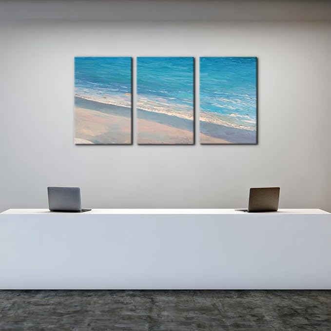 Pacimo - 3 Panels Canvas Wall Art Decor - Oil Painting Style Seascape with Waves on The Beach - Giclee Modern Artwork Prints on Canvas Gallery Wrap Home Decor Stretch Framed Ready to Hang - 16"x24"x3