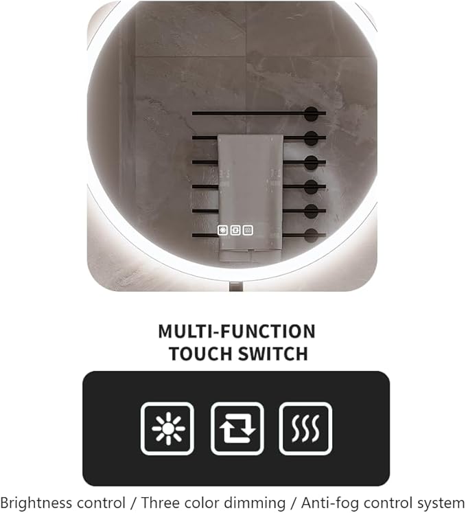 32inches Round LED Mirror,samrt Mirror for Bathroom,Light,Anti- Fog,3 Colors Dimmable,Front and Backlit,CRI90+,Touch Button