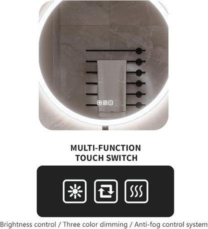 32inches Round LED Mirror,samrt Mirror for Bathroom,Light,Anti- Fog,3 Colors Dimmable,Front and Backlit,CRI90+,Touch Button