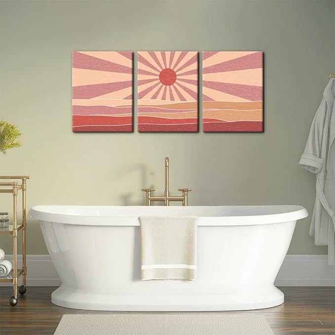 Pacimo 3 Pieces Boho Canvas Wall Art - Framed Canvas Wall Art Prints Sun Rising on the Sea Design - Modern Artwork for Home Decor, Neutral Boho Wall Decor for Living Room Bedroom Office - 12"x16"x3