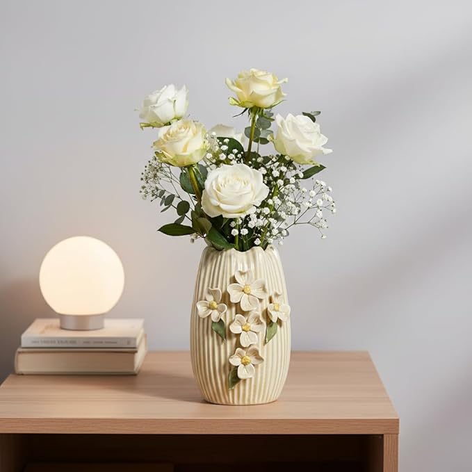 Yellow Ceramic Vase - 7 Inch Small Decorative Vases Home Decor, 3D Modern Flower Vase, Centerpiece Table, Shelf, Mantel, Kitchen, Living Room Decor