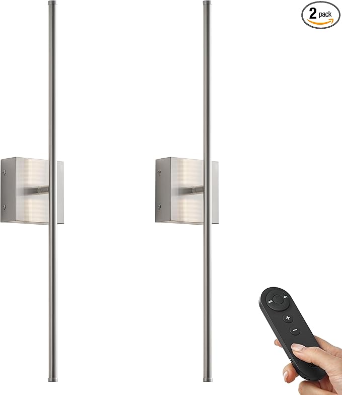 KARTOOSH Battery Operated Wall Sconces with Remote Control, Dimmable Wall Sconces Set of Two, 350°Rotate, 3000K LED Nickel Wireless Wall Light for Living Room, Hallway, Bedroom, 32.2 Inch (2 Pack)