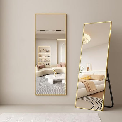 Dewfig Full Length Mirror with Stand, 64" x 21" Free Standing Floor Mirror, Full Body Mirrors, Hanging or Wall Mounted Mirrors for Bedroom, Rectangle Shape, Metal Frame,Gold