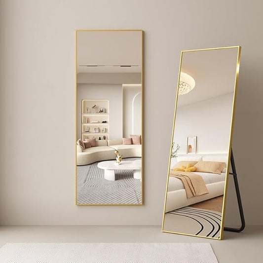 Dewfig Full Length Mirror with Stand, 64" x 21" Free Standing Floor Mirror, Full Body Mirrors, Hanging or Wall Mounted Mirrors for Bedroom, Rectangle Shape, Metal Frame,Gold