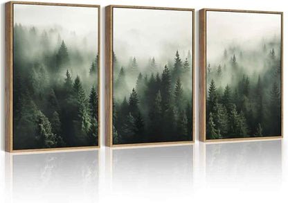 PHOPAGO Green Fog Pine Tree Framed Wall Art Nature Misty Nordic Forests Artwork Morden Paints for Living Room Hallway Decor - 12x16in Natural Framed