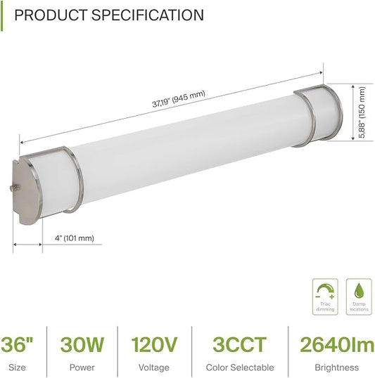 ASD LED 36" Vanity Flush Mount Light Fixture, Linear Bathroom Lighting Bar | 3CCT, Dimmable, Energy Star, ETL Listed | 30W 2650LM 3000-5000K 120V | Long Tube Bath Wall Sconce Over Mirror | Nickel