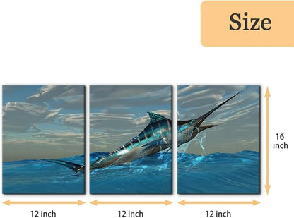 Pacimo Fish Canvas Art Wall Decor Blue Marlin Fish Bursts from Ocean Waters Pictures Prints on Canvas Tropical Animal Paintings 3 Panels Modern Artwork Home Decoration Framed Ready to Hang - 12"x16"x3