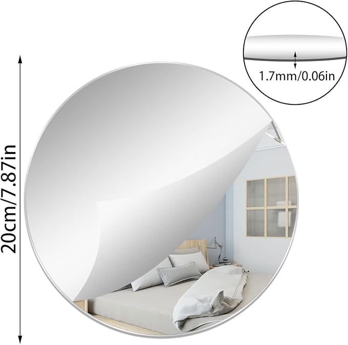 7.87" Round Wall Mirror Tile Self Adhesive Acrylic Mirror Sheet Sticker for Bathroom, Bedroom, Door, Home Decor