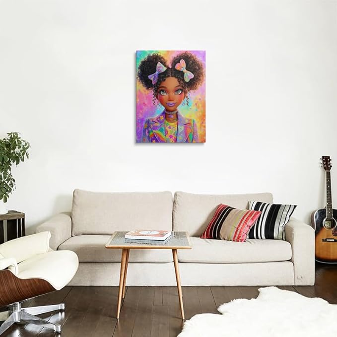 African American Girl Canvas Wall Art Framed Kawaii Cute Digital Print Empowering Art Curly Hair Oversized Jacket Stars Rainbow Wall Decor Artwork Poster for Bedroom Office 16x24 Inches