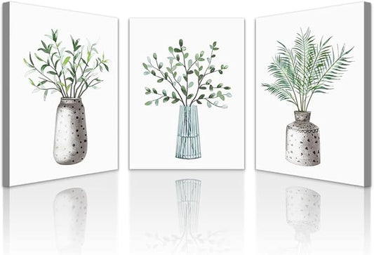Lapremoly Family Canvas Wall Art For Kitchen Dining Room Wall Decor For Living Room Decoration For Office Vase Pictures Artwork Green Leaf Wall Paintings For Bedroom Home Walls Decor 3 Piece
