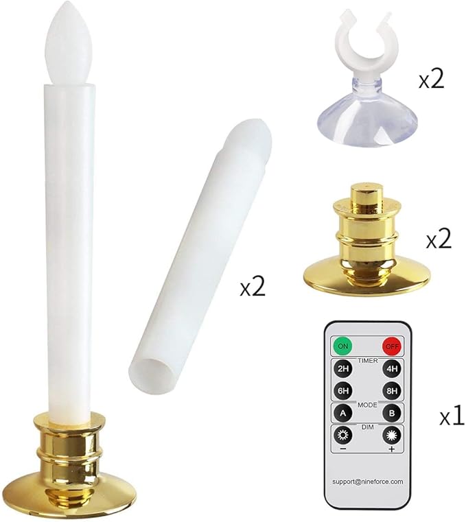2 Pack Flameless Taper Candles with Remote/Timer & Suction Cup, Battery Operated Flickering LED Window Candles, Vintage Christmas Electric Fake Candlesticks, Golden Holder