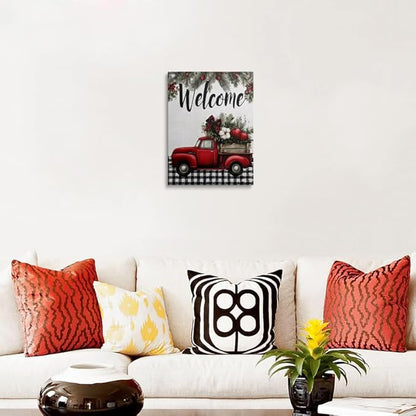 Farmhouse Christmas Welcome Canvas Wall Art Framed Rustic Red Truck Wall Decor with Holly Pine Branches Vintage Holiday Artwork Print Poster for Living Room Front Door 16x24 Inches
