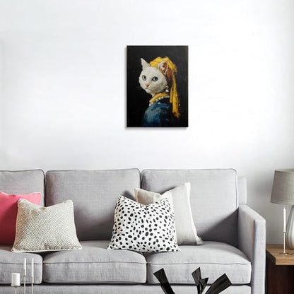 Vintage Style Cat Canvas Wall Art Framed Painting Whimsical Portrait with Pearl Earring Blue Eyes Yellow Headscarf Humorous Animal Wall Decor Artwork for Living Room Bathroom 16x24 Inches