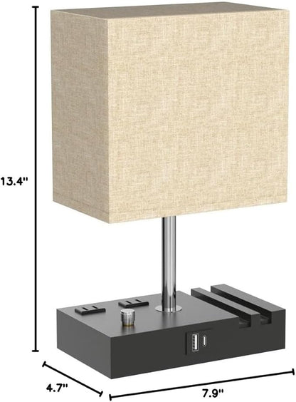 Kakanuo Table Lamp for Bedroom with Dual USB Ports, Beige Fully Dimmable Bedside Lamp with Phone Stands and 2 Charging Outlets, Desk Lamp for Nightstand and Living Room, LED Bulb Included
