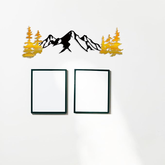 Yuzhuo Metal Mountain Wall Art Decor, Mountain Forest Silhouette Art Suitable for Living Room Bedroom Indoor Outdoor Garden Home Decoration (Yellow, 34.5L x 11W)