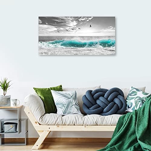 yearainn Large Ocean Canvas Wall Art for Living Room Wall Decor Teal Sea Wave Canvas Prints Artwork Seagull Birds Canvas Pictures for Bedroom Home Office Wall Decorations Ready to Hang 24" X 48"