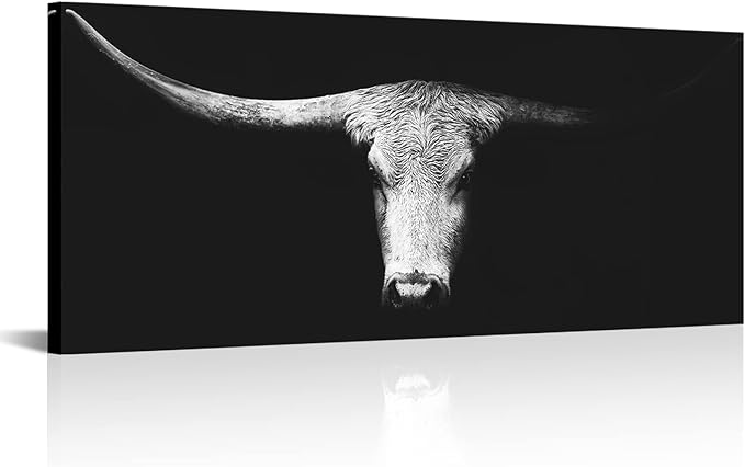LevvArts Large Size Longhorn Cow Canvas Wall Art Black and White Western Cattle Portrait Photo Painting Artwork for Man Cave Home Office Living Room Decor 20"x48"