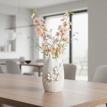 White Ceramic Vase - 7 Inch Textured Boho Flower Vase, Modern 3D Floral Vases Home Decor, Living Room, Table, Wedding Decor, Easter Centerpiece