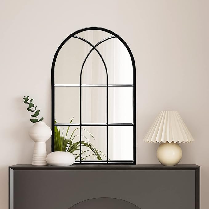 42"x 24" Arched Mirror, Window Wall Mirror, Windowpane Vanity Mirror, Metal Framed, Arched-Top Farmhouse Mirror, Rustic Decorative Mirrors - Black