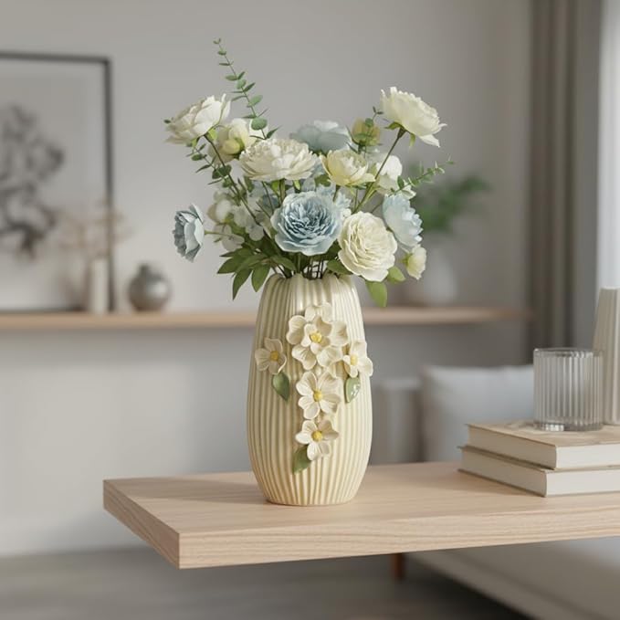 Yellow Ceramic Vase, 9 Inch Modern Centerpiece Vases Home Decor, Decorative Flower Vase for Pampas Grass, Kitchen, Fireplace, Living Room, Bathroom Decor