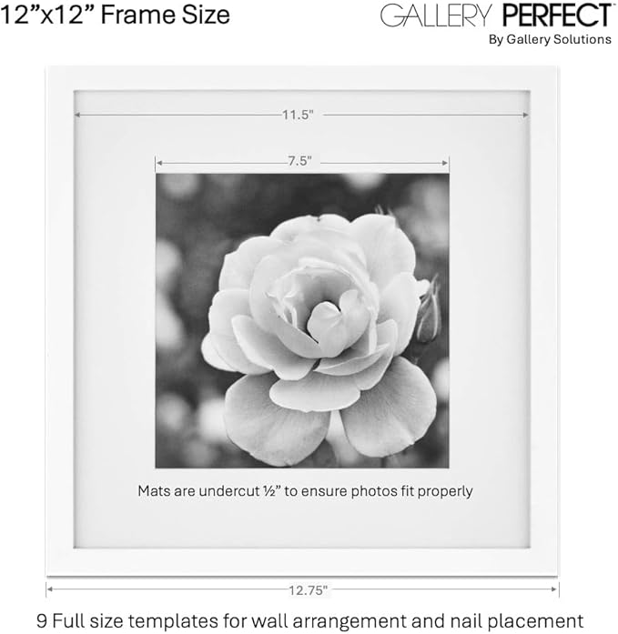 Gallery Perfect 12x12 Picture Frames, 9 Piece Set with Real Glass Cover for 8x8 Photos With Mat, Picture Frames Collage Wall Decor for Gallery Wall, Home Decor, White