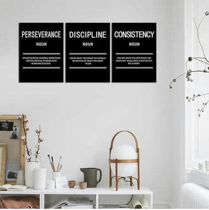 Perseverance Discipline Consistency Motivational Canvas Office 3 Panel Print Wall Art Inspirational Poster Painting Modern Inspiring Artwork for Home Living Room Decor Ready to Hang [36''Wx 16''H]