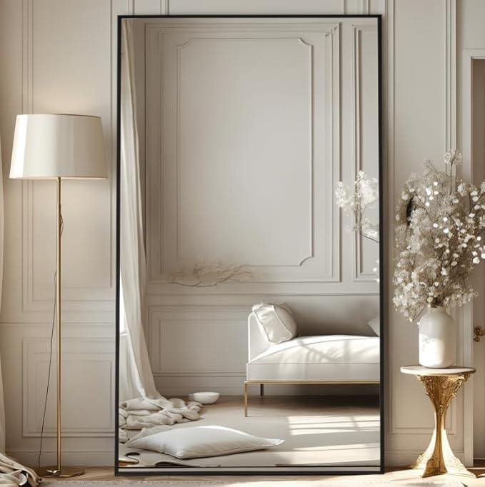Antok Full Length Mirror, 86"x46" Oversized Floor Mirror Freestanding, Full Body Mirrors Floor Standing Mirror with Stand, Hanging Mounted Mirrors for Living Room Cloakroom,Black,Rect Style