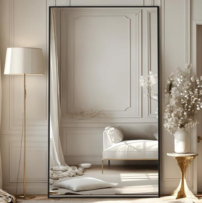 Antok Full Length Mirror, 86"x46" Oversized Floor Mirror Freestanding, Full Body Mirrors Floor Standing Mirror with Stand, Hanging Mounted Mirrors for Living Room Cloakroom,Black,Rect Style