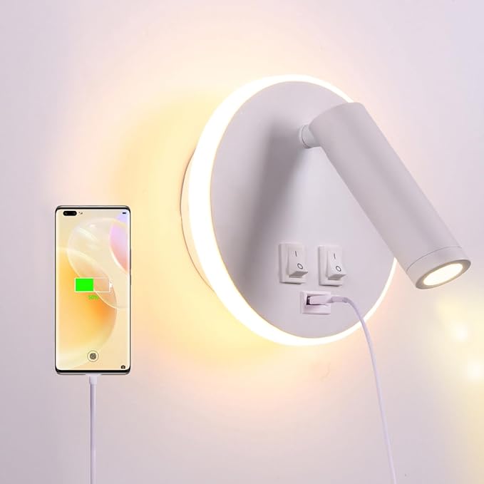 USB Charging Port Wall Wash Light White Bed LED with Interior Wall Adjustable Spotlight Reading lamp Wall lamp Bedroom Indoor Bedside Lamp 3000K (3W + 9W)