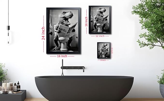 ARKZSHO Funny Dinosaur Bathroom Wall Art, Black and White T-Rex Reading Newspaper Canvas Print Poster, Humorous Animal Toilet Artwork, Modern Farmhouse Restroom Home Wall Decor (Framed 24''x16'')