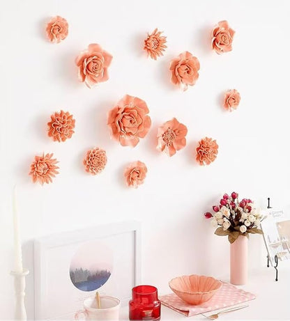 Carnation 3.15" Ceramic 3D Wall Art, Handmade Porcelain Flower Decoration for Home Office Decor (Orange Pink)