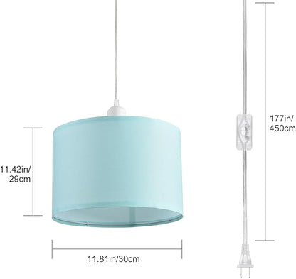 2 Pack Plug in Pendant Light, Hanging Light with 15Ft Clear Cord, On/Off Switch, Blue Fabric Lamp Shade, Hanging Light Fixture for Bedroom, Kitchen, Living Room, Dining Table