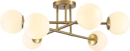 6-Light Glass Sputnik Chandeliers Gold Sputnik Ceiling Light Fixture with Milk White Glass Globe Flush Mount Ceiling Light Fixture for Dining Room Farmhouse Kitchen Living Room Bedroom
