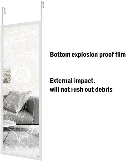 whitebeach 48" x 16" Over The Door Full Length Mirror Wall Mounted Hanging with 2 Metal Hangers for Bedroom Living Room Bathroom White