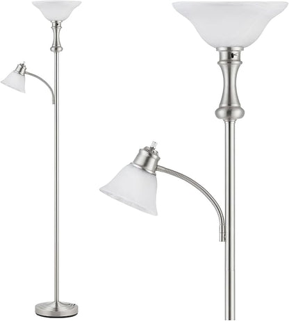 71'' Floor Lamps for Living Room, Tall Floor Lamp for Bedroom with Adjustable Angle Arc Reading lamp, Modern Torchiere Standing lamp with Glass Shade, Knob Switch, Bulb Included, Silver