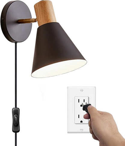 Plug in Wall Sconces Lighting Fixture, Wooden Adjustable Bedside Wall lamp for Industrial Bedroom, Living Room Bathroom Sink Lighting (1 Pack, Black)
