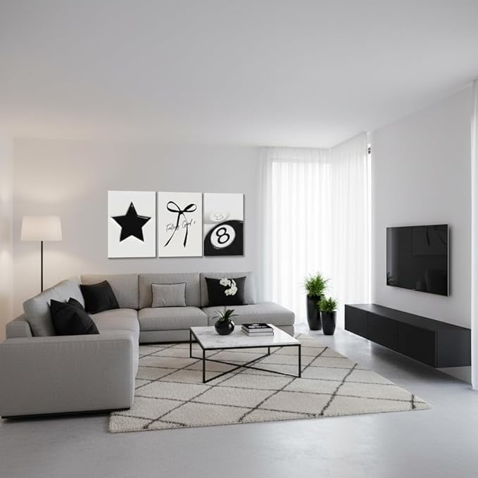 Black and White Wall Art Set of 3, Trendy Star Bow 8 Ball Canvas Wall Decor, Minimalist Aesthetic Wrapped Canvas Prints Ready to Hang for Teen Girl Bedroom Dorm Apartment Room 16x12 or 24x16 Inch
