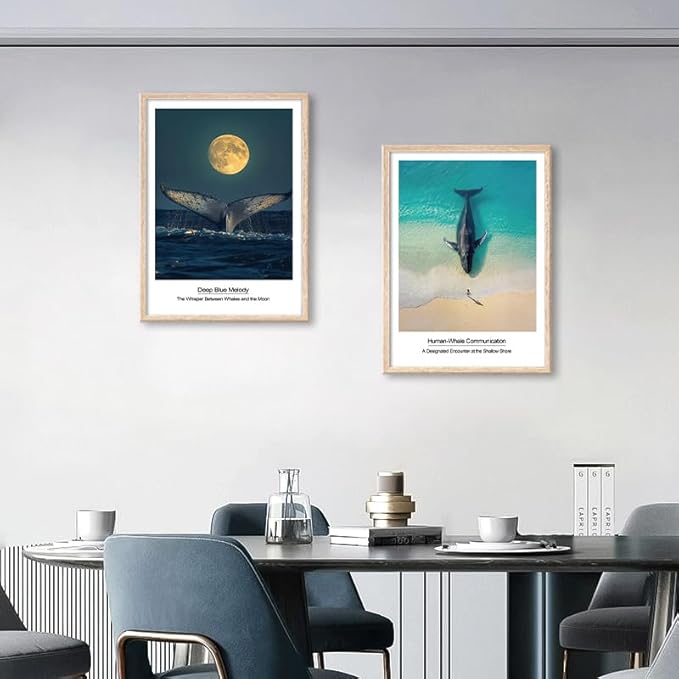 Framed Nautical Bathroom Wall Art Decor Blue Coastal Ocean Landscape Painting Print Artwork Whale Tail on Surface Picture for Modern Bedroom Kitchen Kids Room Home Decor 12"x16"x2 Pcs