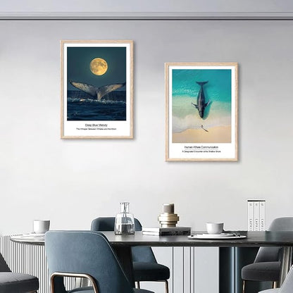 Framed Nautical Bathroom Wall Art Decor Blue Coastal Ocean Landscape Painting Print Artwork Whale Tail on Surface Picture for Modern Bedroom Kitchen Kids Room Home Decor 12"x16"x2 Pcs