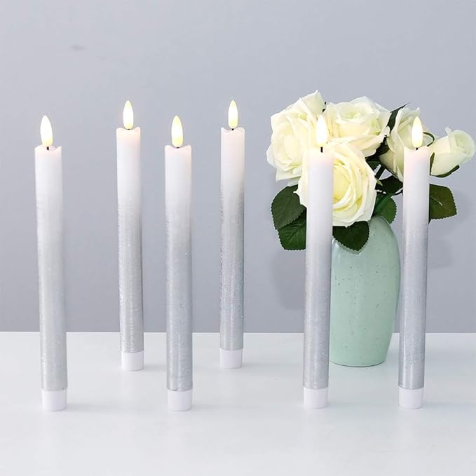 Silver Flameless Taper Candles Battery Operated with Remote Timer, Real Wax 3D Wick Flickering LED Taper Candles Dinner Wedding Holiday Decor(6 Pack, 0.78 x 9.64 Inches)